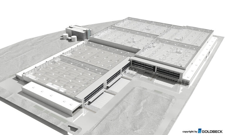 Grafisches Modell zeigt Luftaufnahme eines großen Industriekomplexes mit mehreren rechteckigen Flachdachgebäuden, Laderampen an den Seiten und einem kleineren Nebengebäude mit zylindrischen Tanks im Hintergrund, umgeben von befestigten Flächen.