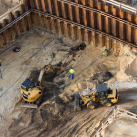 Das Bild zeigt eine Baustelle mit drei Arbeitern und zwei Baumaschinen. Der Bereich ist von großen Metallspundwänden umgeben, der Boden besteht überwiegend aus Sand und Erde. Ein Arbeiter bedient einen kleinen Bagger, ein weiterer nutzt ein Vermessungsgerät, und der dritte überwacht oder koordiniert die Arbeiten.