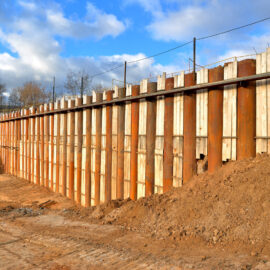 Das Bild zeigt eine Baustelle mit einer Stützwand aus senkrechten Stahlträgern und Holzbohlen. Die Wand dient der Sicherung des Erdreichs, vor ihr befindet sich eine größere Menge ausgehobener Erde. Im Hintergrund sind Bäume zu sehen, der Himmel ist teilweise bewölkt.
