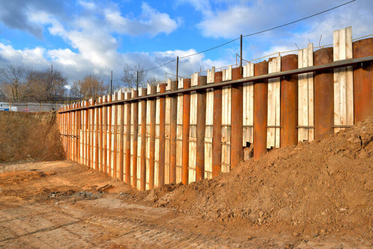 Das Bild zeigt eine Baustelle mit einer Stützwand aus senkrechten Stahlträgern und Holzbohlen. Die Wand dient der Sicherung des Erdreichs, vor ihr befindet sich eine größere Menge ausgehobener Erde. Im Hintergrund sind Bäume zu sehen, der Himmel ist teilweise bewölkt.