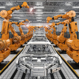 Das Bild zeigt eine Automobilfertigungsstraße mit mehreren orangefarbenen Roboterarmen, die an Karosserierahmen arbeiten. Die Roboterarme sind beidseitig entlang eines Förderbands angeordnet, das die Fahrzeugrahmen durch den Montageprozess transportiert. Die Umgebung ist eine große, gut beleuchtete Industriehalle mit hoher Decke und gitterartiger Struktur.