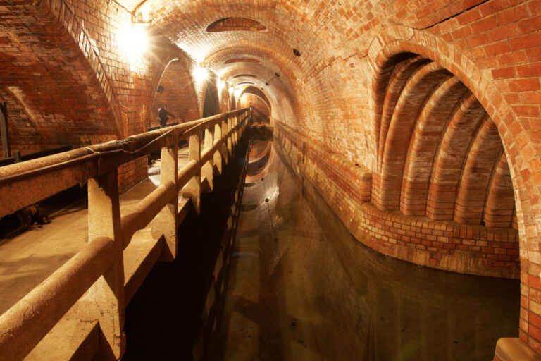 Das Bild zeigt einen unterirdischen Tunnel, Kanal- und Abwasseranlage mit gemauerten Wänden und einem gewölbten Deckengewölbe. Auf der linken Seite verläuft ein schmaler Gehweg, der durch ein Betongeländer vom Wasserkanal getrennt ist. Der Tunnel ist durch mehrere helle Wandlampen beleuchtet, deren Licht sich auf der Wasseroberfläche spiegelt.