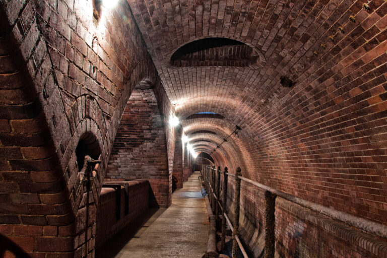Das Bild zeigt einen unterirdischen Tunnel mit gemauerten Wänden und einem gewölbten Deckengewölbe. Der Tunnel ist gut beleuchtet, mit mehreren Wandlampen, die einen Weg in der Mitte ausleuchten. Auf einer Seite verläuft ein Metallgeländer, und im Tunnel sind verschiedene Rohre und bauliche Elemente sichtbar.