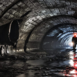 Eine Person mit Stirnlampe geht durch einen dunklen, feuchten Tunnel mit gewölbtem Deckengewölbe. Der Boden ist nass und reflektiert das Licht der Lampe, während die Tunnelwände aus Beton oder Stein bestehen.