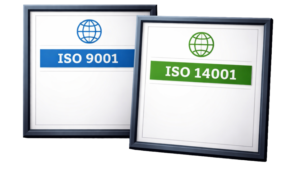 Auf dem Bild sind zwei gerahmte Zertifikate zu sehen, die leicht versetzt nebeneinander stehen. Beide Rahmen sind dunkel gehalten und enthalten jeweils ein Dokument mit einem Symbol sowie einer farblich hervorgehobenen Bezeichnung.