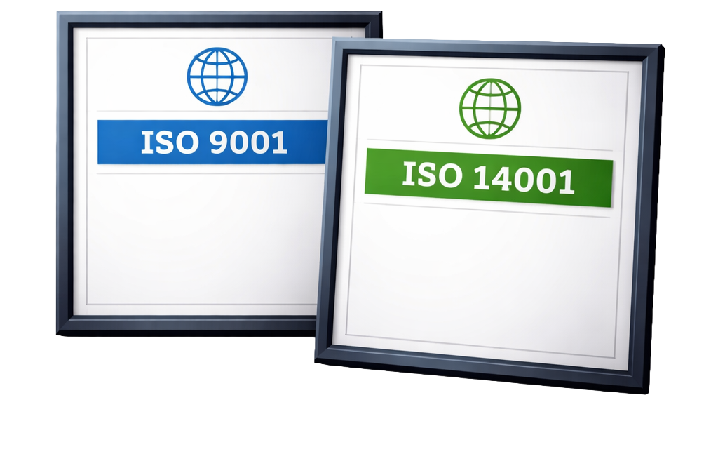 Auf dem Bild sind zwei gerahmte Zertifikate zu sehen, die leicht versetzt nebeneinander stehen. Beide Rahmen sind dunkel gehalten und enthalten jeweils ein Dokument mit einem Symbol sowie einer farblich hervorgehobenen Bezeichnung.